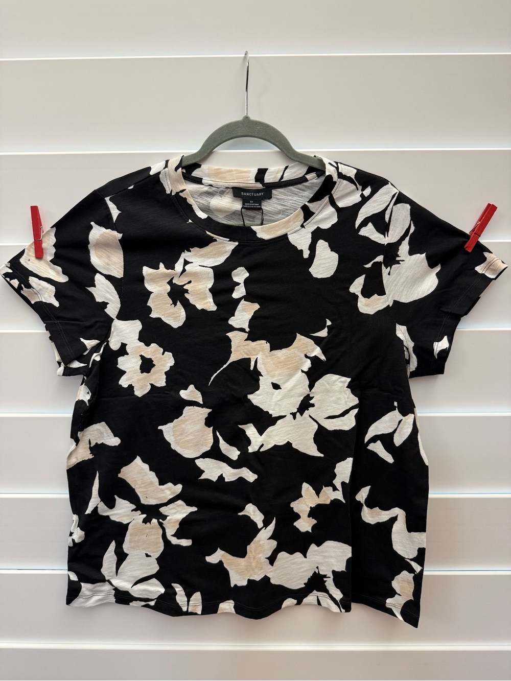 Sanctuary Black Tee with Cream Floral Pattern